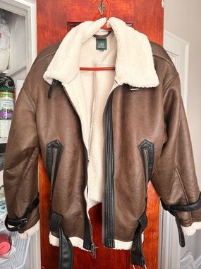 wild fable Brown Bomber Jacket with Cream Shearling Lining
